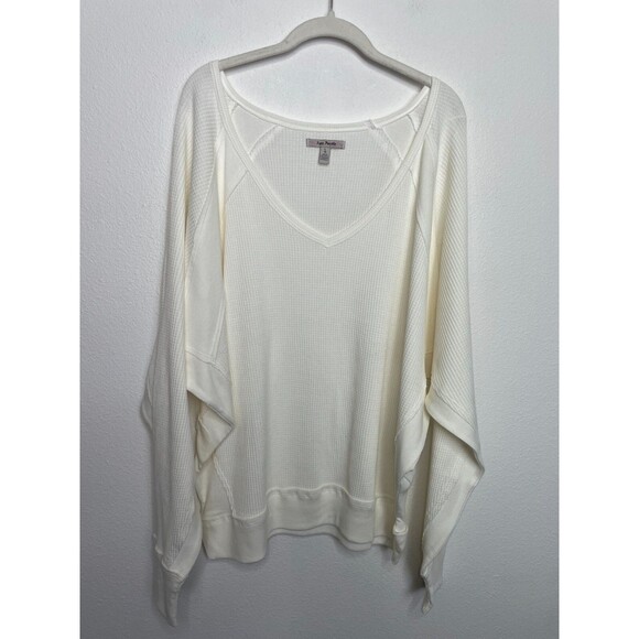 Free People Large Santa Clara Thermal Top Alabaster Ivory Waffle Knit V-Neck NWT - Picture 3 of 16